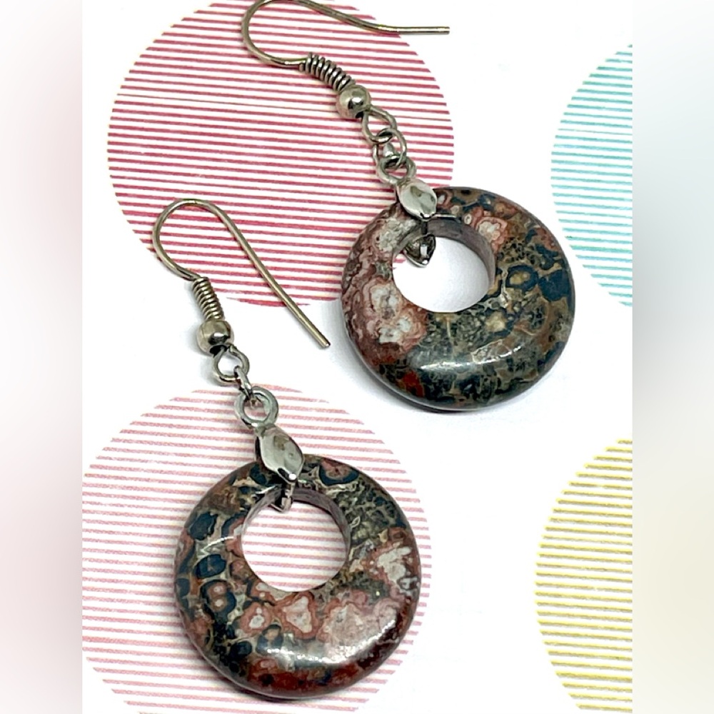 Gray Red Brown Leopard Skin Jasper Stone Dangle Hoops Hoop Earrings Earth Tones
